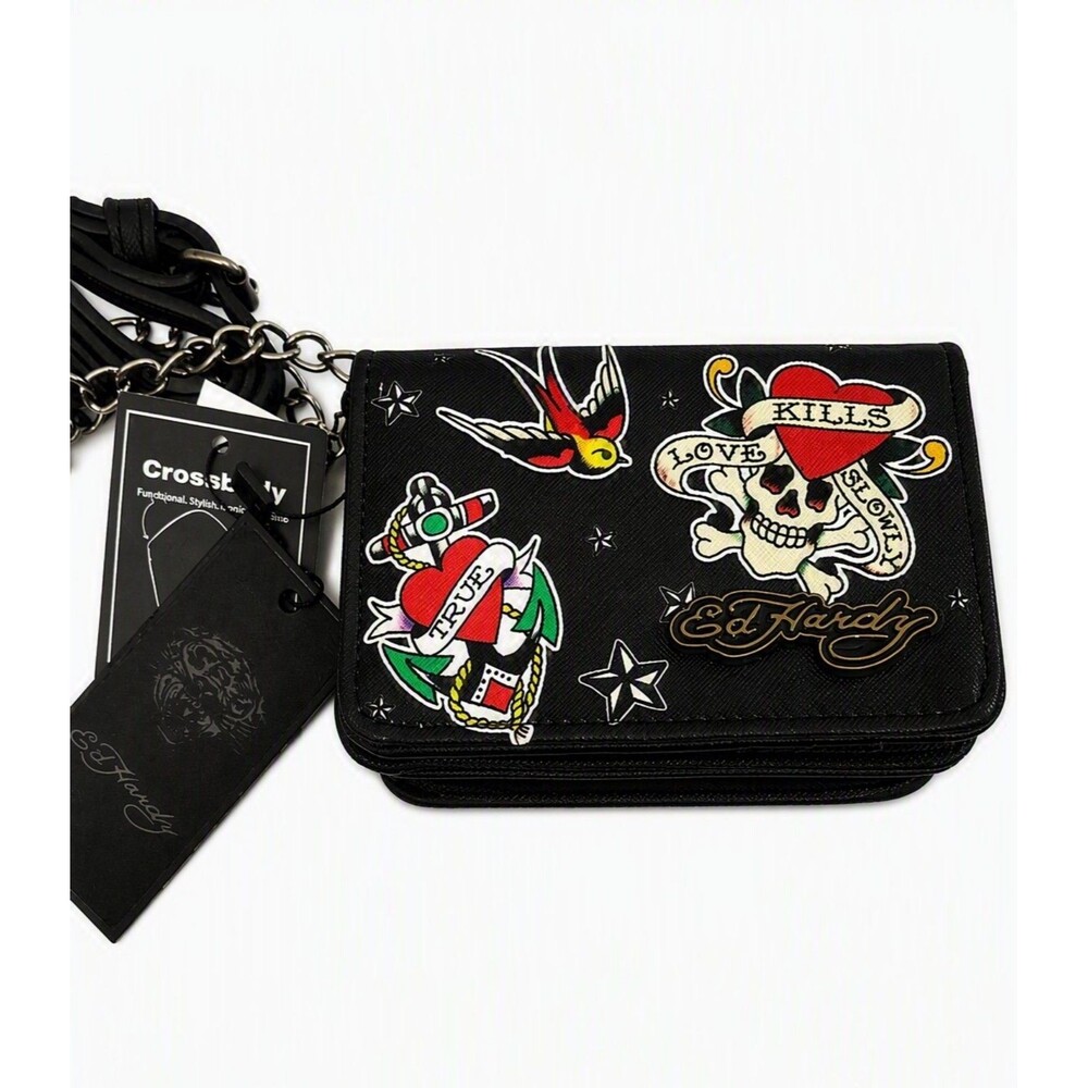 Ed Hardy Black Crossbody Vegan Wallet Tattoo Flash Graphics NWT Chain Accents